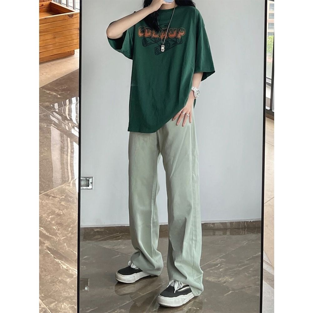 Jiashucheng Quần Jean Nữ Lưng Cao Ống Rộng Màu Xanh Bạc Hà Phong Cách Đường Phố Mùa Hè Mới