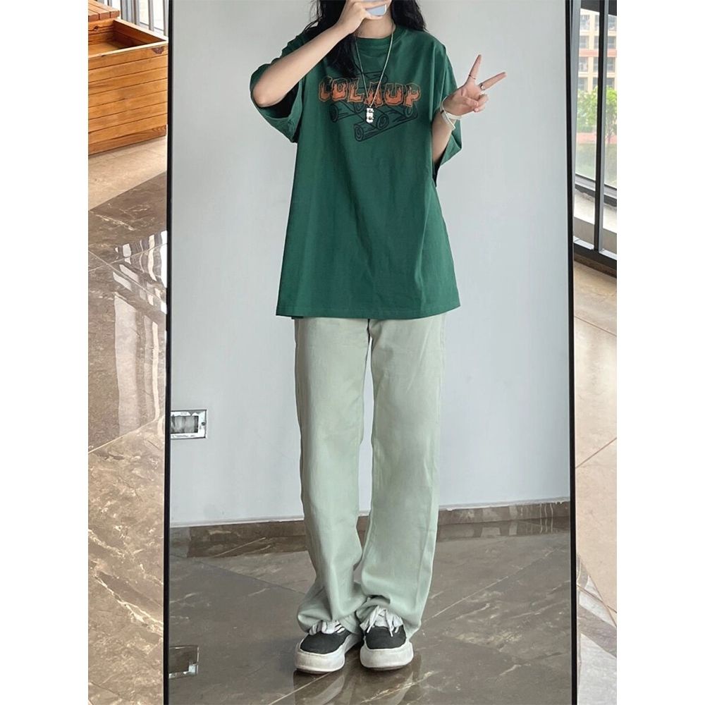 Jiashucheng Quần Jean Nữ Lưng Cao Ống Rộng Màu Xanh Bạc Hà Phong Cách Đường Phố Mùa Hè Mới