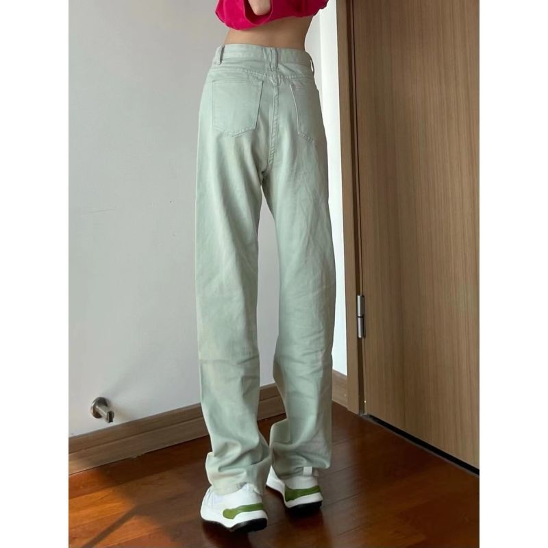 Jiashucheng Quần Jean Nữ Lưng Cao Ống Rộng Màu Xanh Bạc Hà Phong Cách Đường Phố Mùa Hè Mới