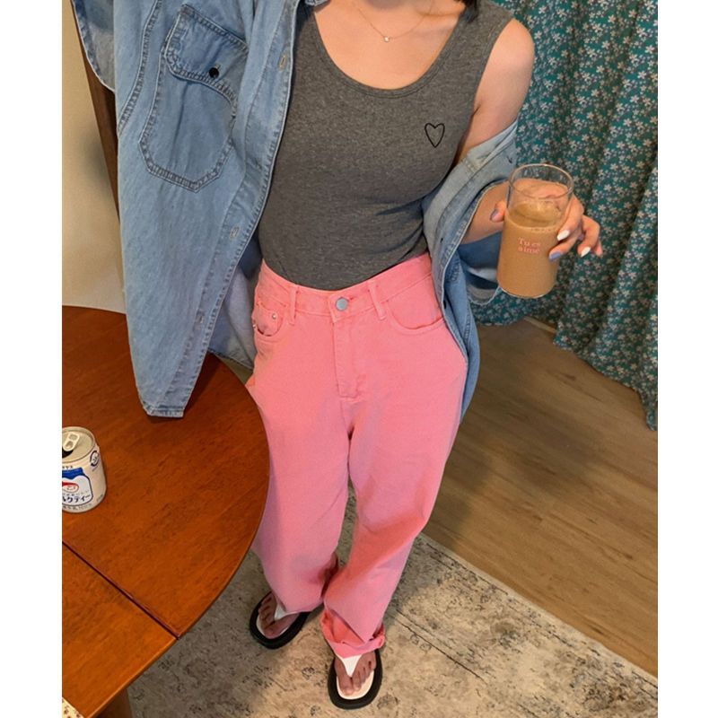 Jiashucheng Quần Jean Nữ Lưng Cao Dáng Rộng Màu Kẹo Ngọt Phong Cách Retro Mùa Hè Mới