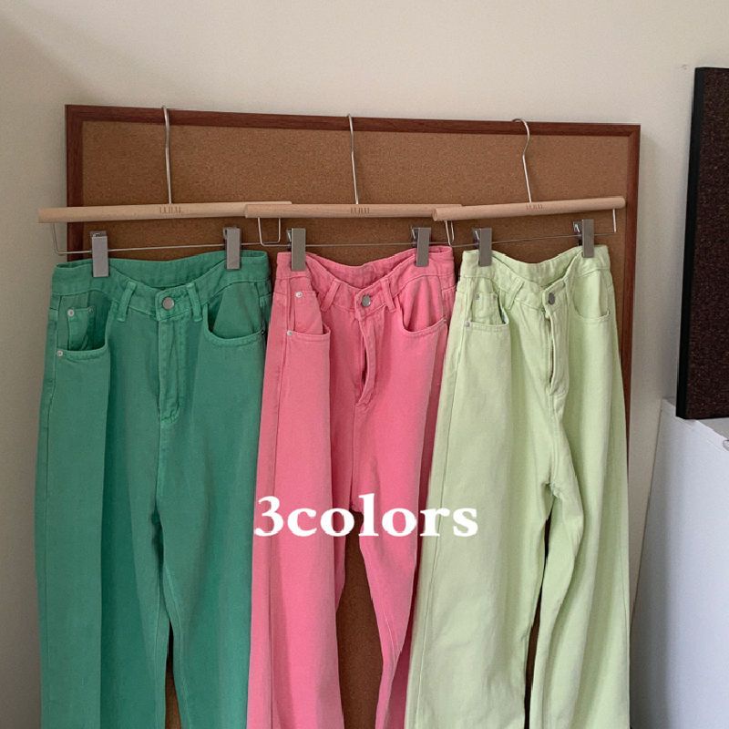 Jiashucheng Quần Jean Nữ Lưng Cao Dáng Rộng Màu Kẹo Ngọt Phong Cách Retro Mùa Hè Mới