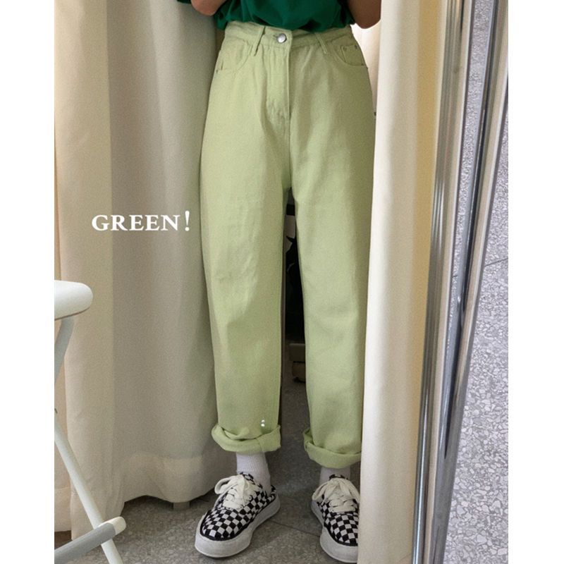 Jiashucheng Quần Jean Nữ Lưng Cao Dáng Rộng Màu Kẹo Ngọt Phong Cách Retro Mùa Hè Mới