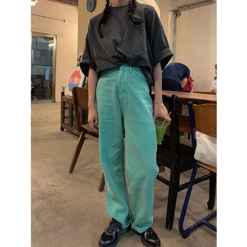 Jiashucheng Quần Jean Nữ Lưng Cao Dáng Rộng Màu Kẹo Ngọt Phong Cách Retro Mùa Hè Mới