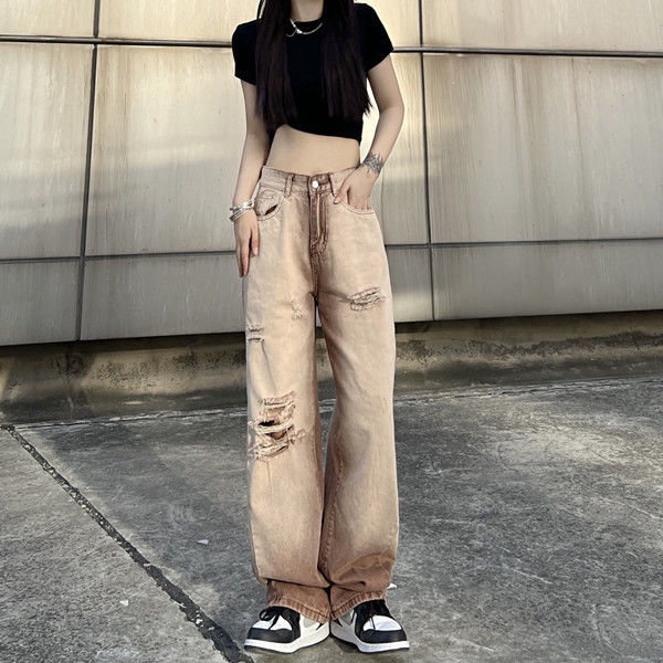 Quần Jean Nữ Lưng Cao Ống Rộng Màu Sắc Tương Phản Phong Cách Đường Phố Cá Tính