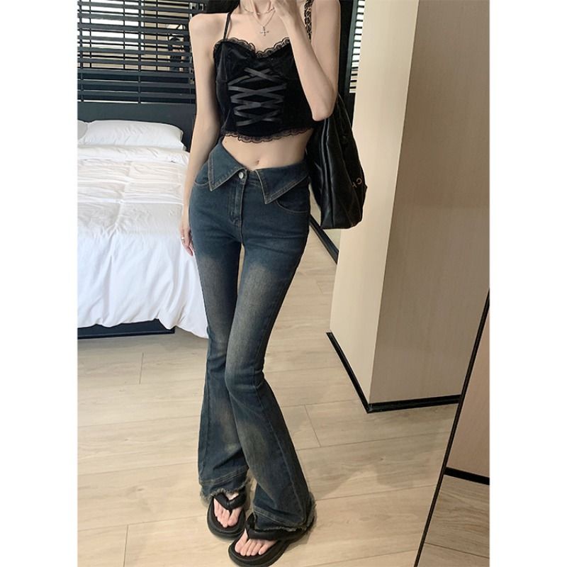 Jiashucheng Quần Jean Ống Loe Ôm Dáng Vừa Vặn Phong Cách Retro Mùa Hè Mới Cho Nữ @ -