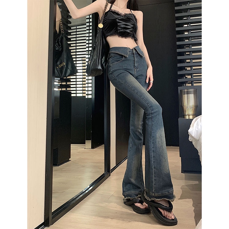 Jiashucheng Quần Jean Ống Loe Ôm Dáng Vừa Vặn Phong Cách Retro Mùa Hè Mới Cho Nữ @ -