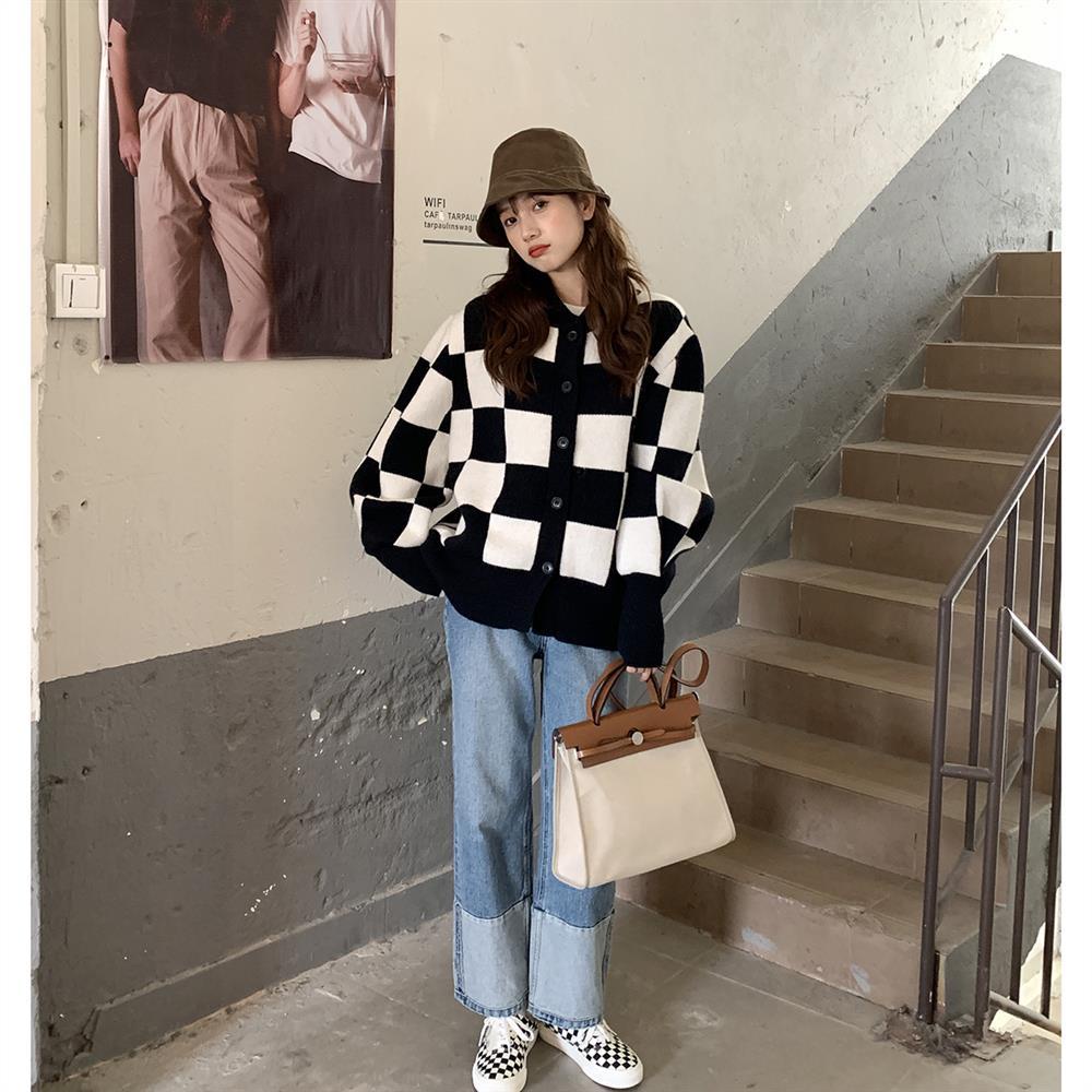 Jiashucheng Quần Jean Jiashucheng Lưng Cao Ống Rộng Màu Sắc Tương Phản Thời Trang Thu Đông 2023 Cho Nữ