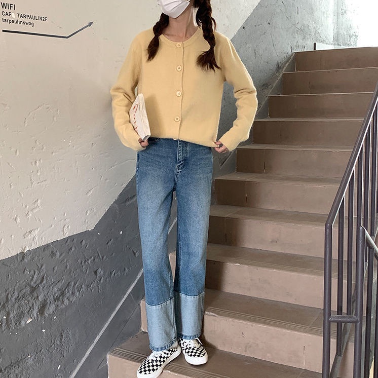 Jiashucheng Quần Jean Jiashucheng Lưng Cao Ống Rộng Màu Sắc Tương Phản Thời Trang Thu Đông 2023 Cho Nữ