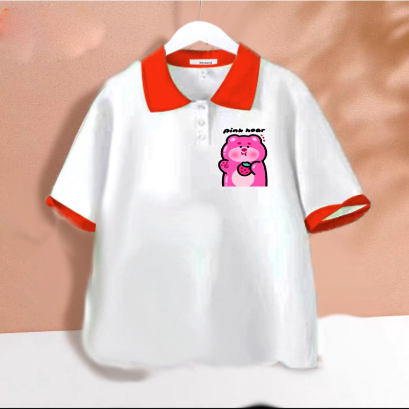Áo polo trắng phối màu gấu dâu pink cho bé gái chất cotton size từ 9 đến 65kg