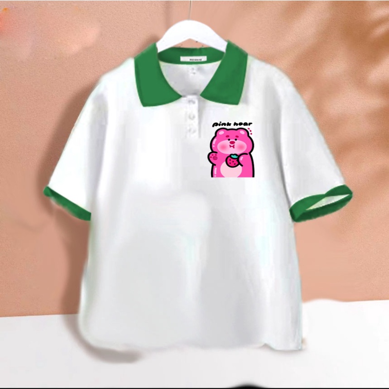 Áo polo trắng phối màu gấu dâu pink cho bé gái chất cotton size từ 9 đến 65kg