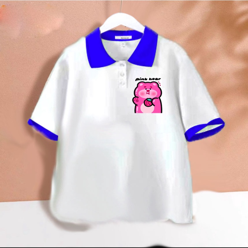 Áo polo trắng phối màu gấu dâu pink cho bé gái chất cotton size từ 9 đến 65kg