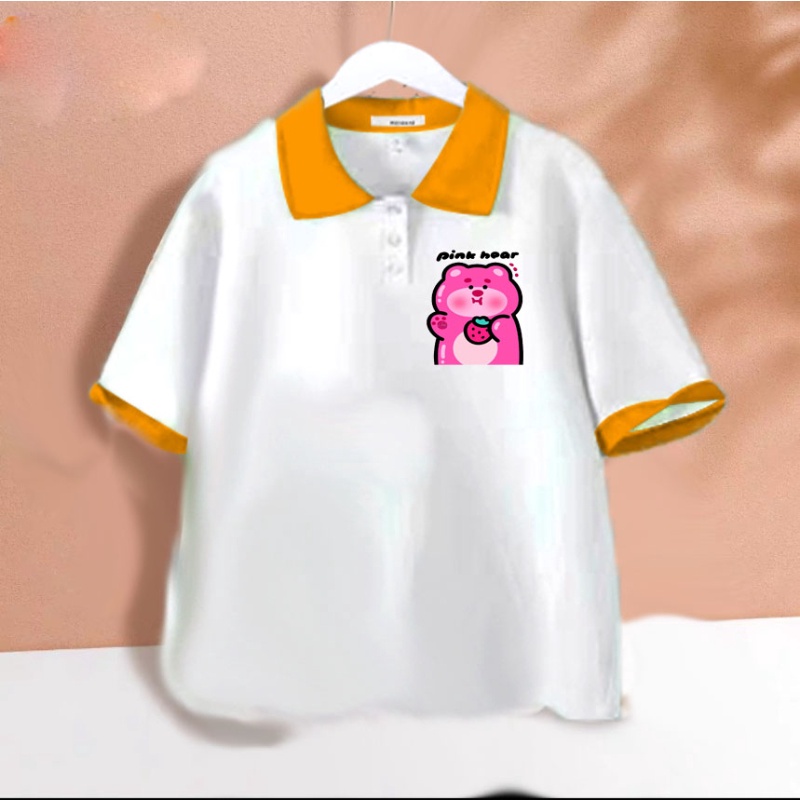 Áo polo trắng phối màu gấu dâu pink cho bé gái chất cotton size từ 9 đến 65kg