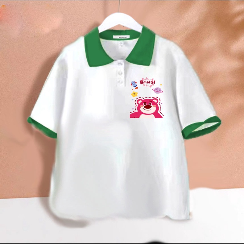 Áo polo trắng phối màu gấu dâu bang cho bé gái chất cotton size từ 9 đến 65kg
