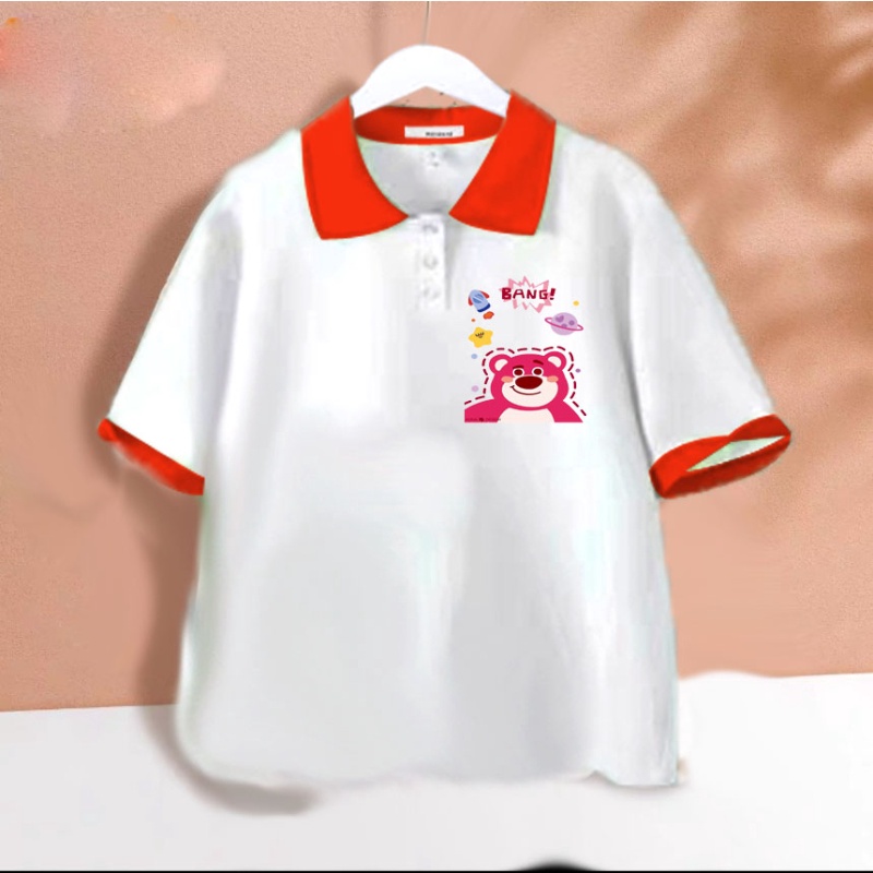 Áo polo trắng phối màu gấu dâu bang cho bé gái chất cotton size từ 9 đến 65kg