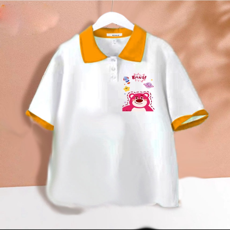 Áo polo trắng phối màu gấu dâu bang cho bé gái chất cotton size từ 9 đến 65kg