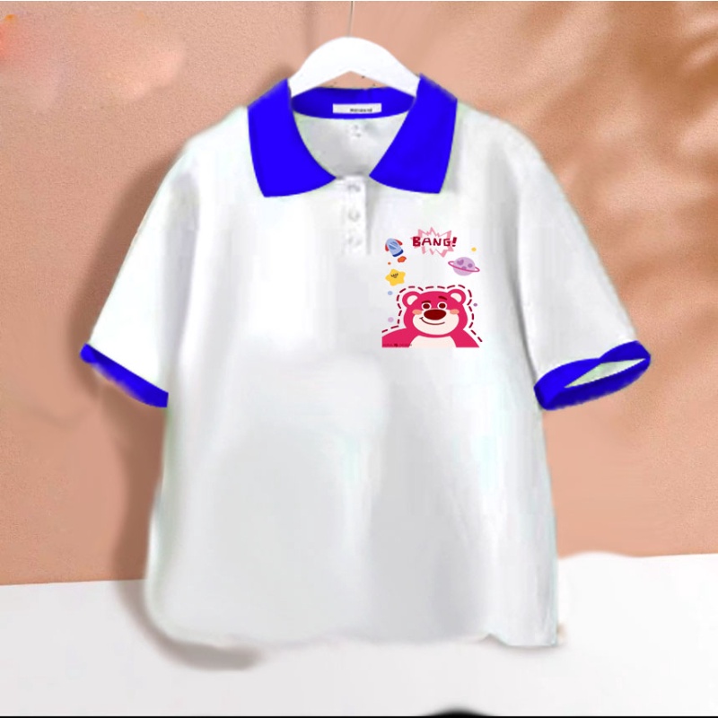 Áo polo trắng phối màu gấu dâu bang cho bé gái chất cotton size từ 9 đến 65kg