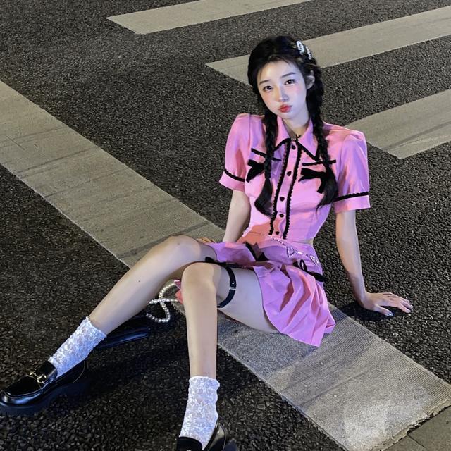 Jiashucheng Bộ Áo Đính Nơ Màu Sắc Tương Phản Phối Chân Váy Xếp Ly Lưng Cao Kiểu Pháp Dễ Thương Cho Nữ