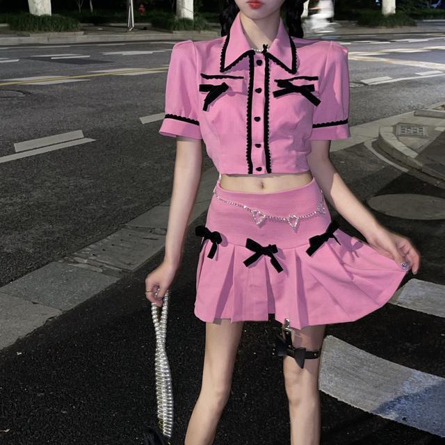 Jiashucheng Bộ Áo Đính Nơ Màu Sắc Tương Phản Phối Chân Váy Xếp Ly Lưng Cao Kiểu Pháp Dễ Thương Cho Nữ