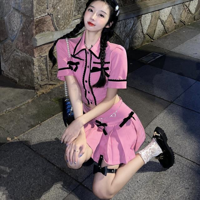 Jiashucheng Bộ Áo Đính Nơ Màu Sắc Tương Phản Phối Chân Váy Xếp Ly Lưng Cao Kiểu Pháp Dễ Thương Cho Nữ