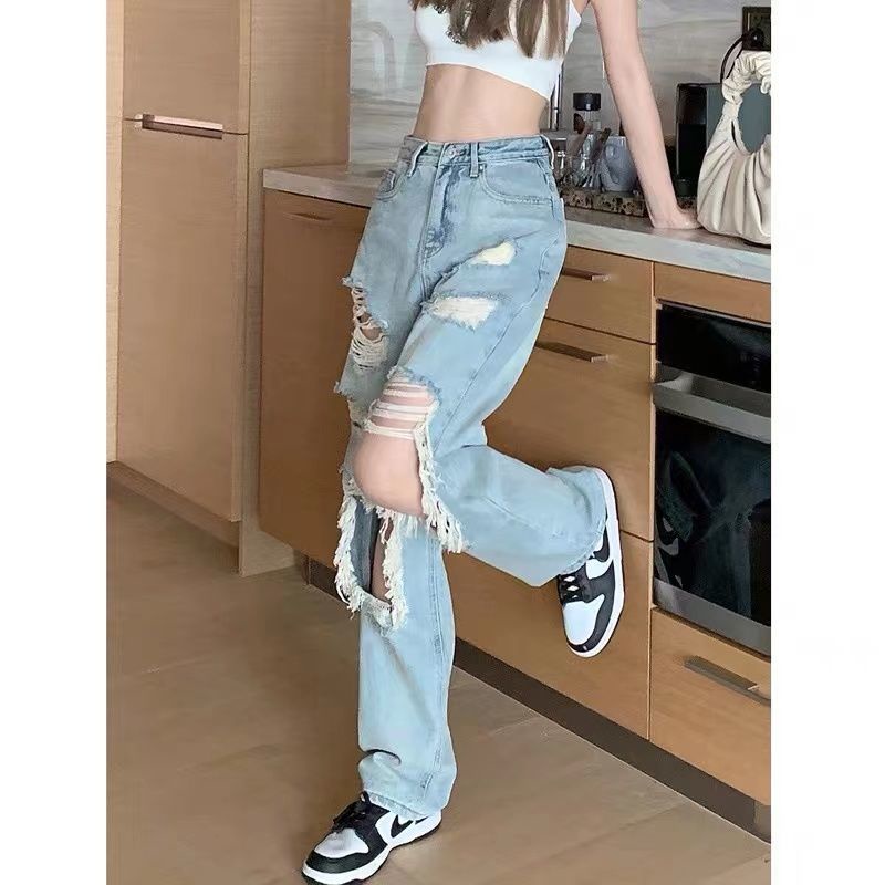 Quần Denim Lưng Cao Ống Rộng Phối Rách Thời Trang Mùa Thu Hàn Quốc 2023 Mới