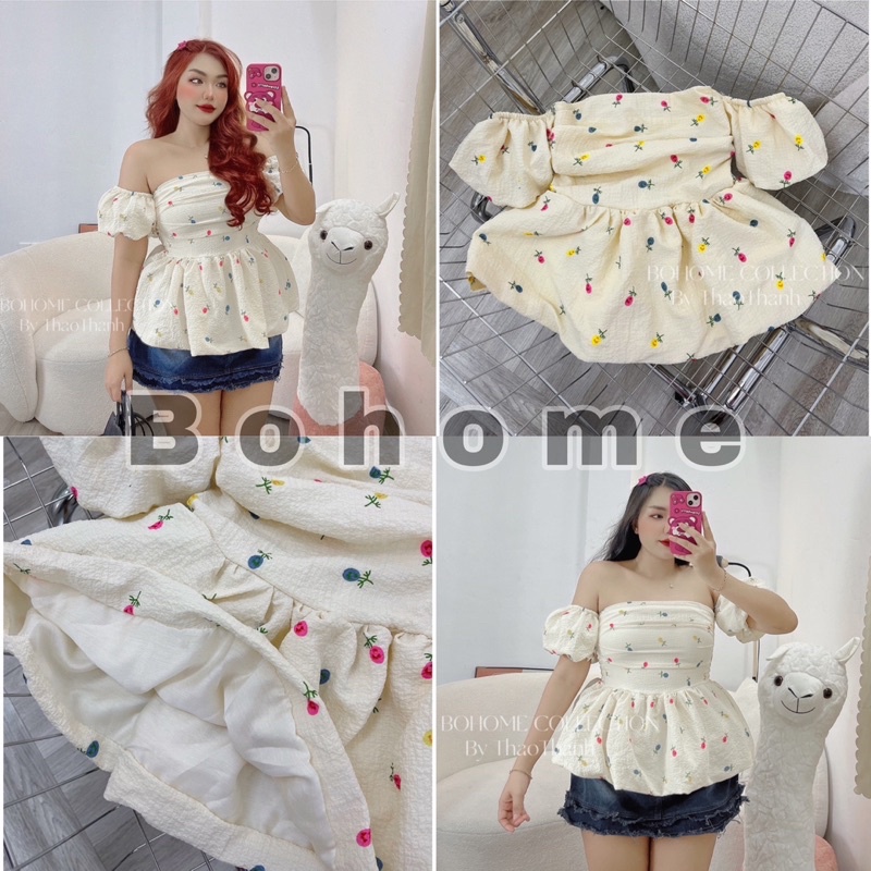 Áo tay phồng trễ vai hoạ tiết kẹo, Bohome chuyên sỉ