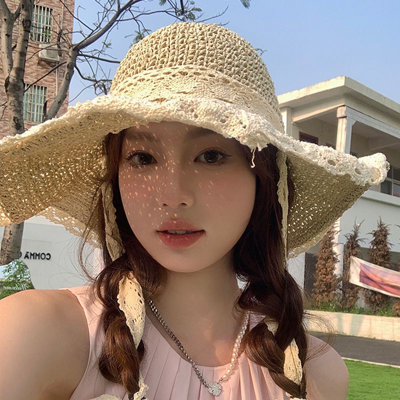 Mũ Cói Rộng Vành Phối Ren Chống Nắng Thời Trang Mùa Hè