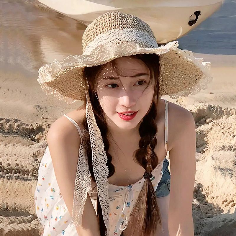 Mũ Cói Rộng Vành Phối Ren Chống Nắng Thời Trang Mùa Hè