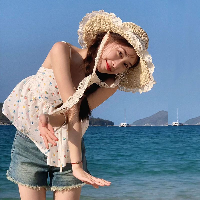 Mũ Cói Rộng Vành Phối Ren Chống Nắng Thời Trang Mùa Hè