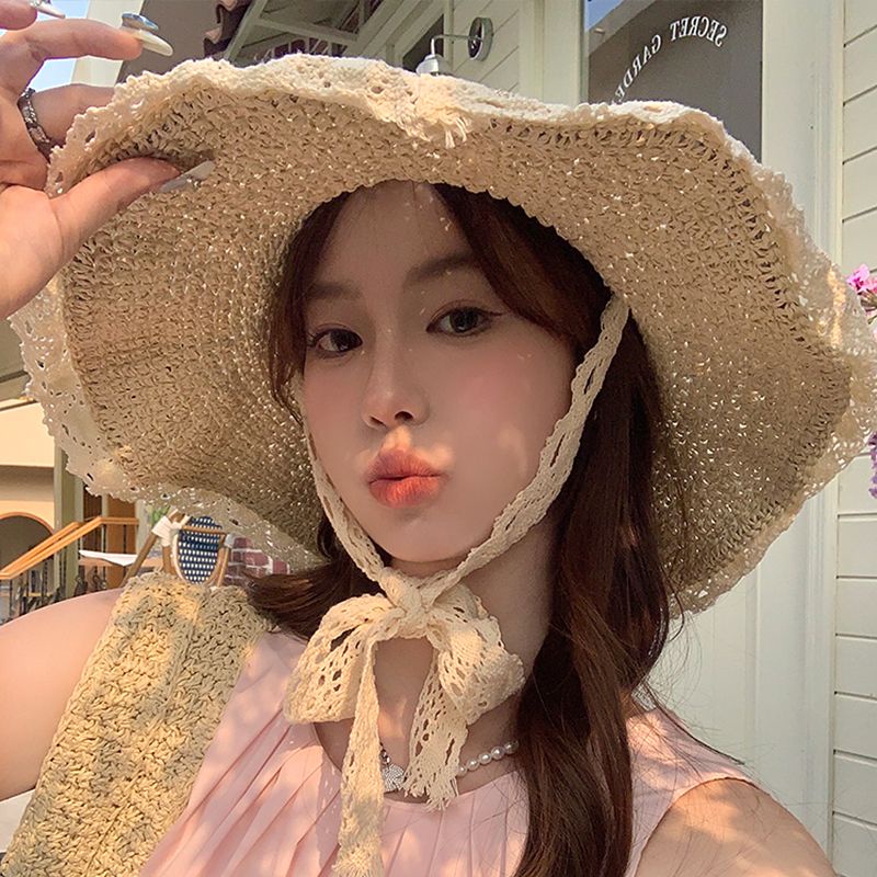 Mũ Cói Rộng Vành Phối Ren Chống Nắng Thời Trang Mùa Hè