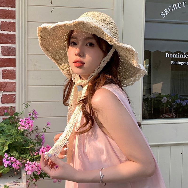 Mũ Cói Rộng Vành Phối Ren Chống Nắng Thời Trang Mùa Hè