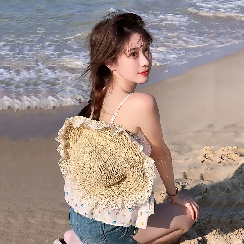 Mũ Cói Rộng Vành Phối Ren Chống Nắng Thời Trang Mùa Hè