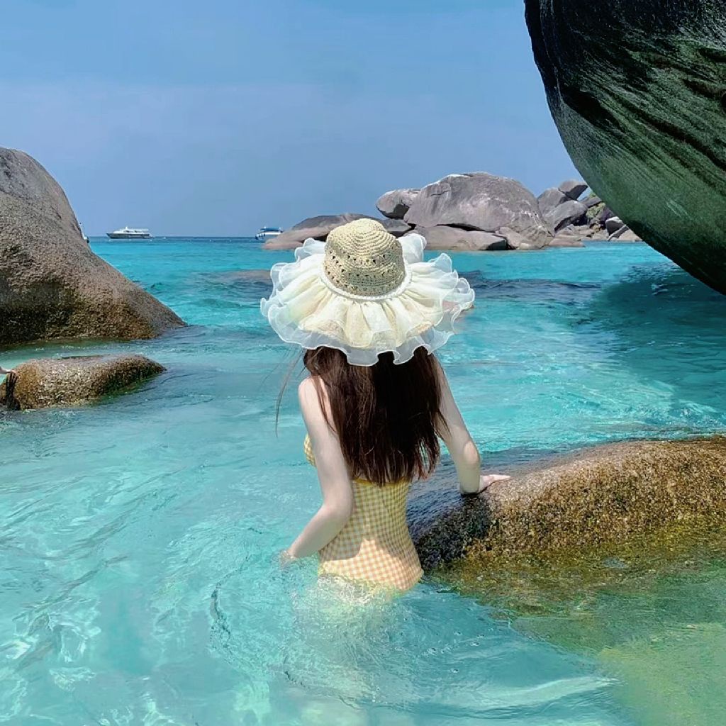 Nón Cói Rộng Vành Phối Ren Đính Ngọc Trai Thời Trang Đi Biển Mùa Hè Cho Nữ