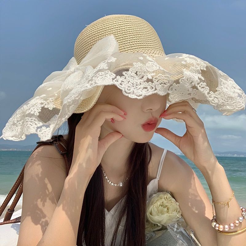 Mũ Cói Rộng Vành Chống Nắng Đính Nơ Ren Dễ Thương Thời Trang Đi Biển Mùa Hè Cho Nữ