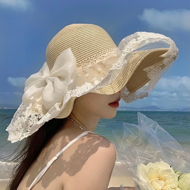 Mũ Cói Rộng Vành Chống Nắng Đính Nơ Ren Dễ Thương Thời Trang Đi Biển Mùa Hè Cho Nữ