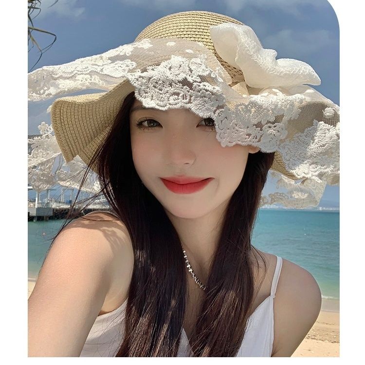 Mũ Cói Rộng Vành Chống Nắng Đính Nơ Ren Dễ Thương Thời Trang Đi Biển Mùa Hè Cho Nữ