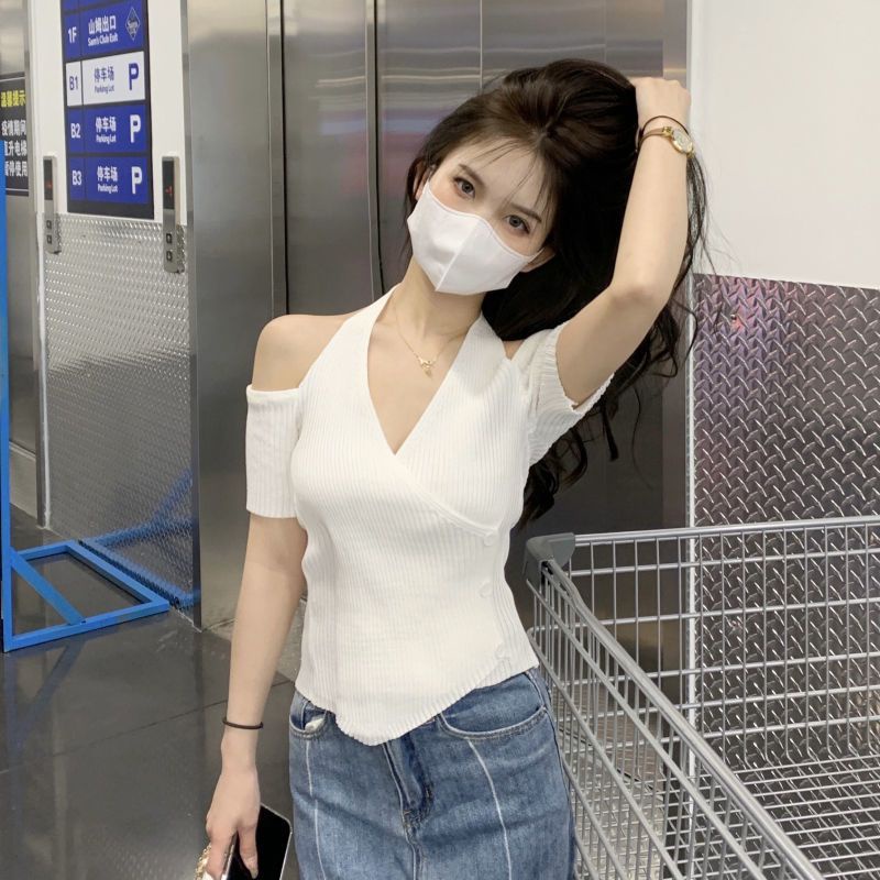 Áo Thun Nữ Ngắn Tay Cổ Chữ v Trễ Vai Thời Trang Hàn Mới