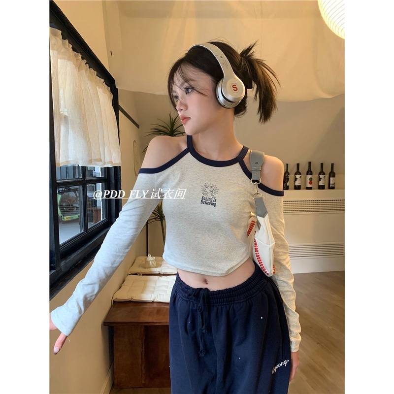 Áo Thun Tay Dài Hở Vai Dáng Ôm In Họa Tiết Vui Nhộn Kiểu Retro Mỹ Thời Trang Mùa Thu Cho Nữ