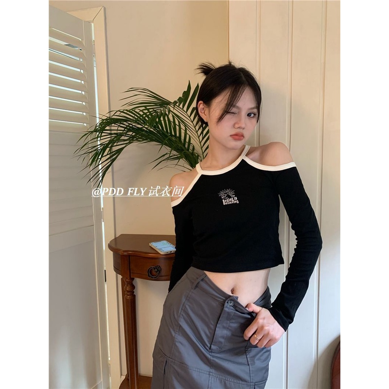 Áo Thun Tay Dài Hở Vai Dáng Ôm In Họa Tiết Vui Nhộn Kiểu Retro Mỹ Thời Trang Mùa Thu Cho Nữ