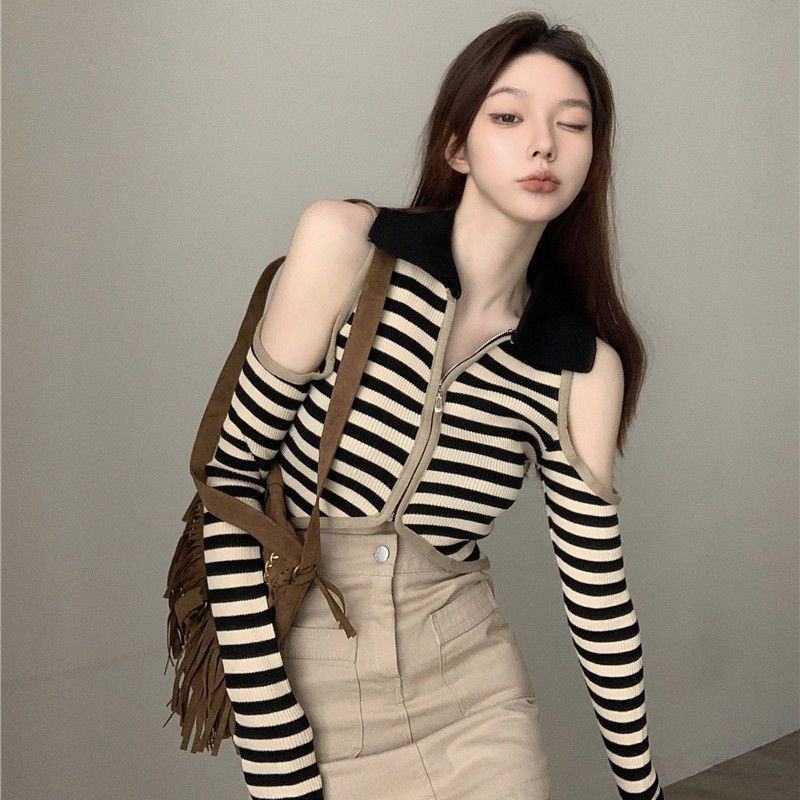 Áo Thun Cardigan Dệt Kim Trễ Vai Tay Dài Dáng Ôm Màu Sắc Tương Phản Thời Trang Mùa Thu Cho Nữ