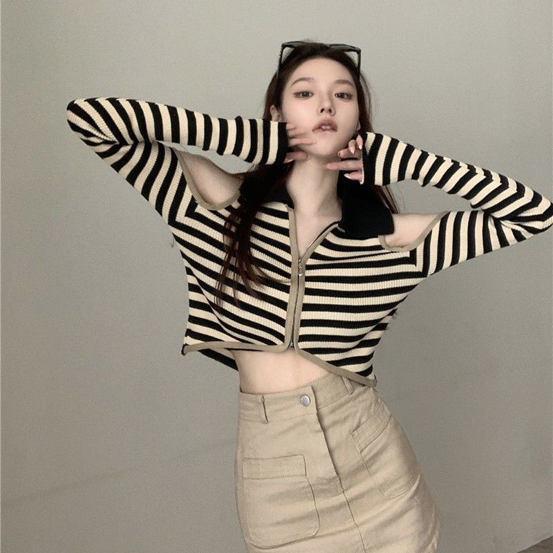 Áo Thun Cardigan Dệt Kim Trễ Vai Tay Dài Dáng Ôm Màu Sắc Tương Phản Thời Trang Mùa Thu Cho Nữ