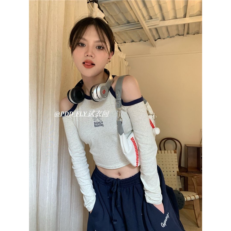 Áo Thun Tay Dài Hở Vai Dáng Ôm In Họa Tiết Vui Nhộn Kiểu Retro Mỹ Thời Trang Mùa Thu Cho Nữ