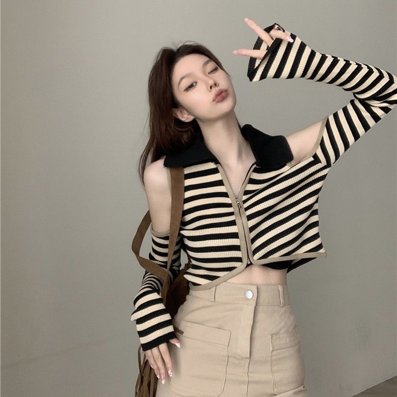 Áo Thun Cardigan Dệt Kim Trễ Vai Tay Dài Dáng Ôm Màu Sắc Tương Phản Thời Trang Mùa Thu Cho Nữ