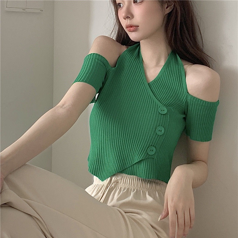 Áo Thun Nữ Ngắn Tay Cổ Chữ v Trễ Vai Thời Trang Hàn Mới