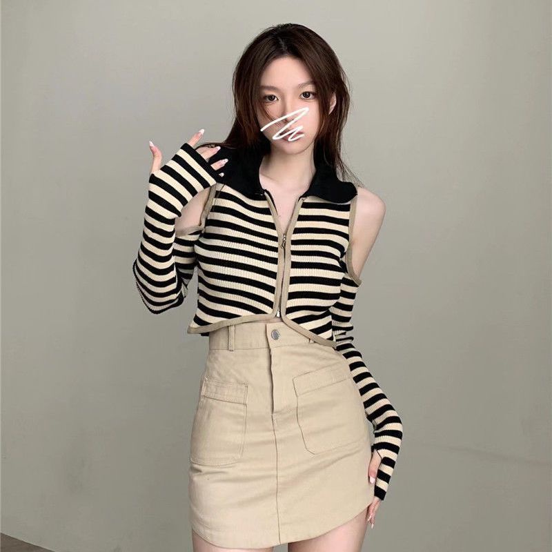 Áo Thun Cardigan Dệt Kim Trễ Vai Tay Dài Dáng Ôm Màu Sắc Tương Phản Thời Trang Mùa Thu Cho Nữ