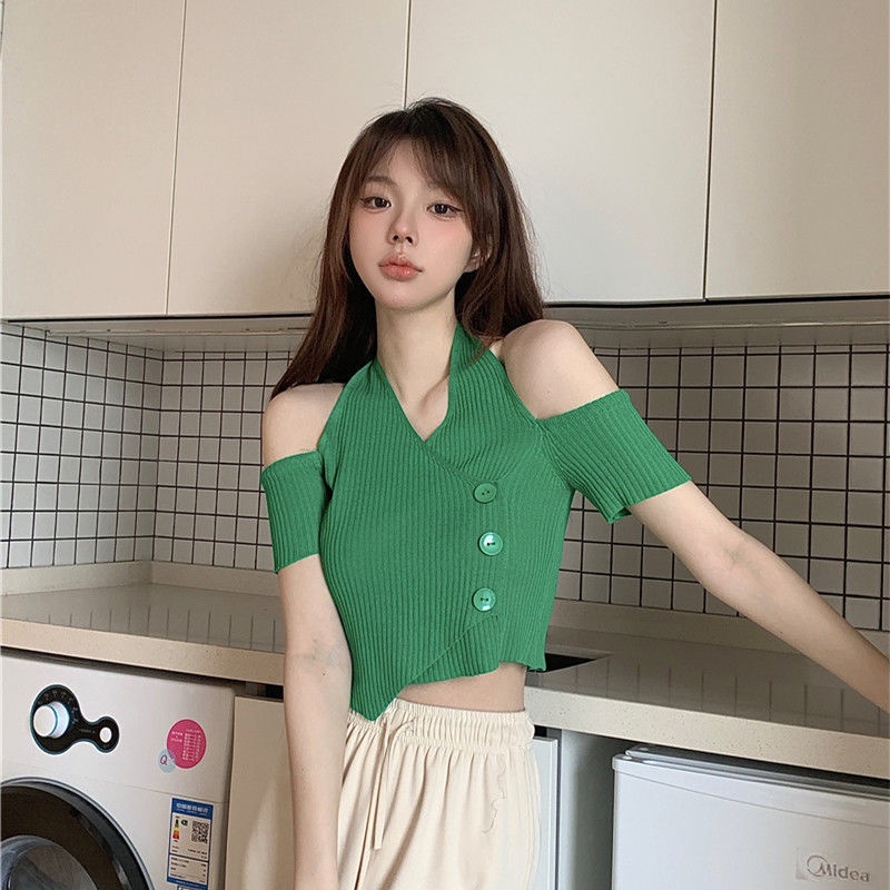 Áo Thun Nữ Ngắn Tay Cổ Chữ v Trễ Vai Thời Trang Hàn Mới