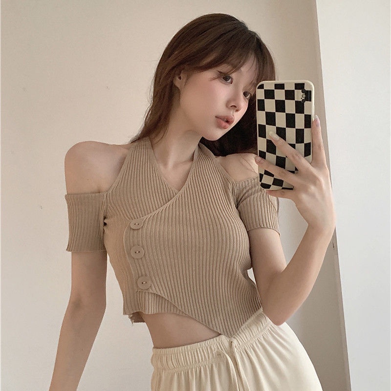 Áo Thun Nữ Ngắn Tay Cổ Chữ v Trễ Vai Thời Trang Hàn Mới