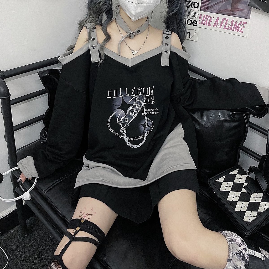 Áo Sweater Dáng Rộng Hở Vai In Họa Tiết Thời Trang Xuân Thu Cho Nữ