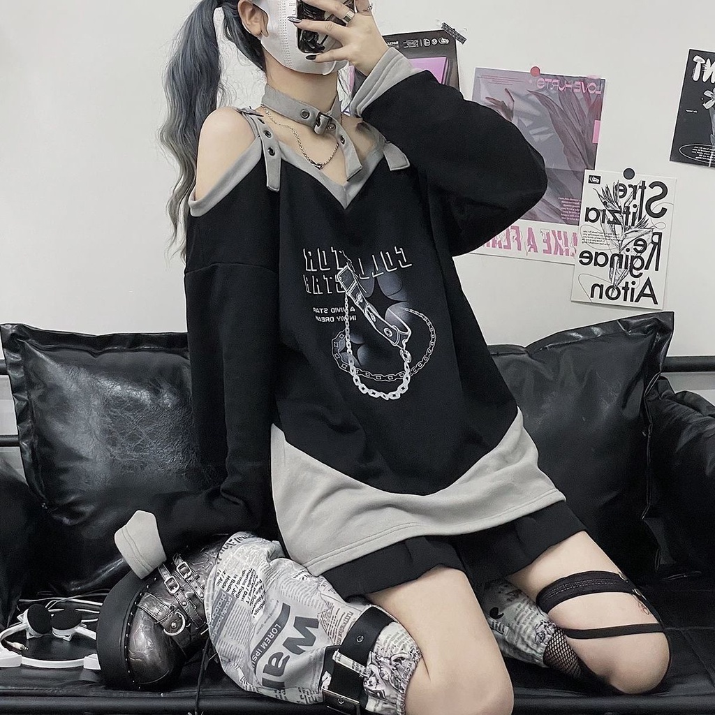 Áo Sweater Dáng Rộng Hở Vai In Họa Tiết Thời Trang Xuân Thu Cho Nữ