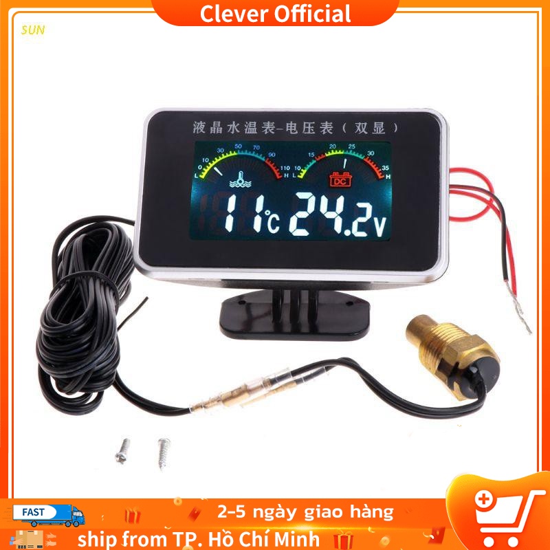 Vôn kế nhiệt kế đo nhiệt độ nước và điện áp 2 trong 1 màn hình LCD 12V/ 24V cảm biến 17mm dành cho xe hơi