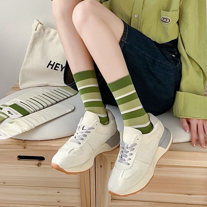 Vớ Dài Trung Bình Không Xương In Họa Tiết Sọc Trắng Tình Yêu Phong Cách Nhật Bản Dễ Phối Đồ Mùa Xuân Cho Nữ